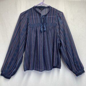 Lucky Brand Sheer Chiffon Tie Bow Neck Puff Long Sleeve Blouse Women Small Blue